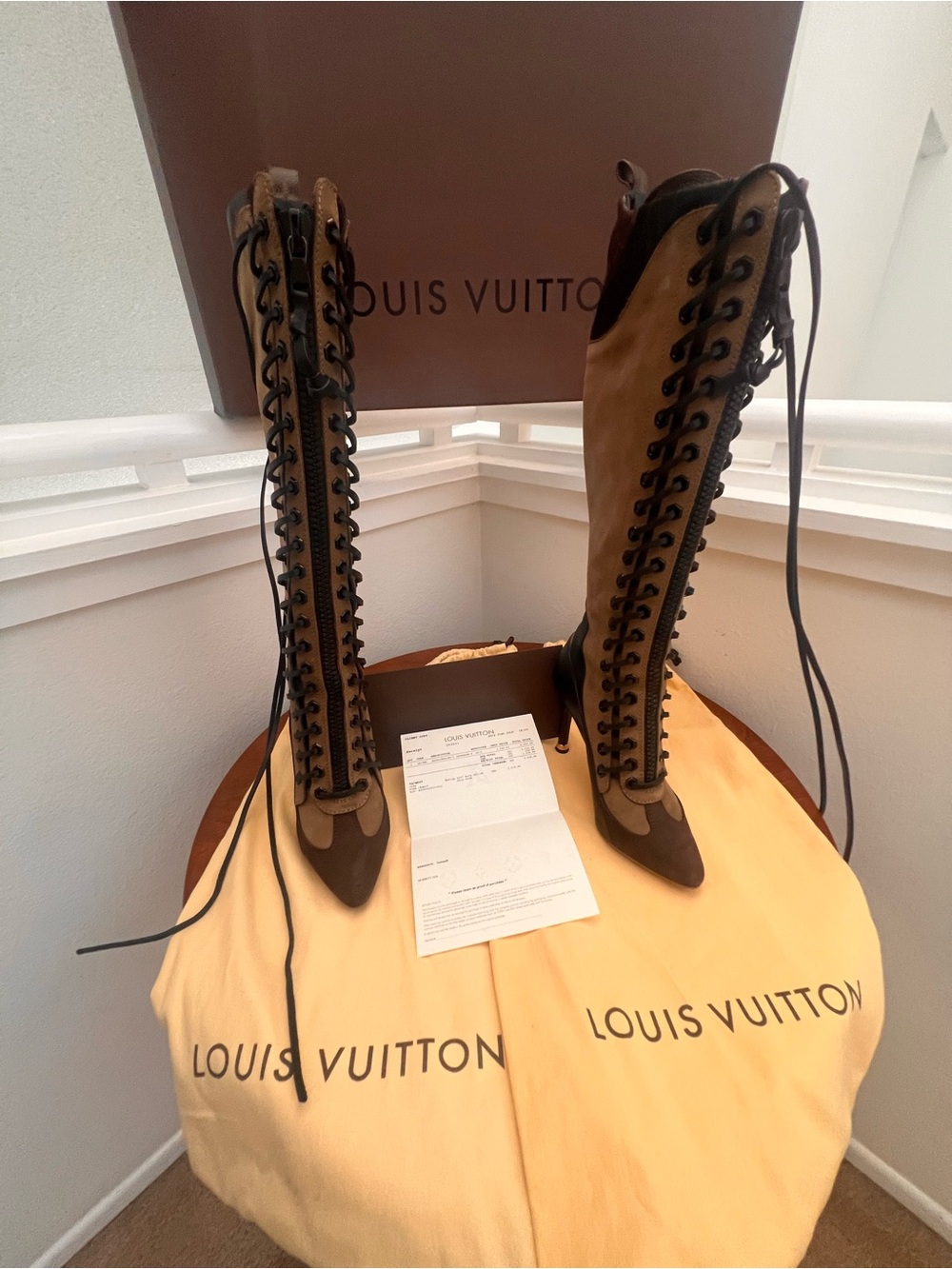 Louis Vuitton Two-Tone Brown Lace-Up Knee-High Boots